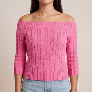 VTG Polo Ralph Lauren Pink Cable Knit Off-Shoulder Sweater Green Pony Y2K Preppy